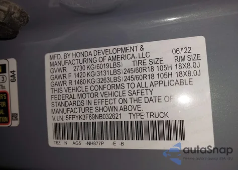2022 Honda Ridgeline Black Edition z USA, uszkodzony, nr VIN 5FPYK3F89NB032621